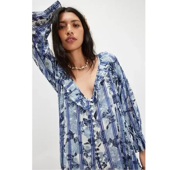 Free People Dainty Ruffle Cottage Garden Wonders Maxi Dress in Blue Combo Large - Picture 5 of 14